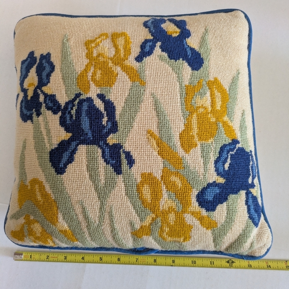 Vintage Needlepoint Floral Pillow. Yellow And Purple Iris. - Picture 5 of 6